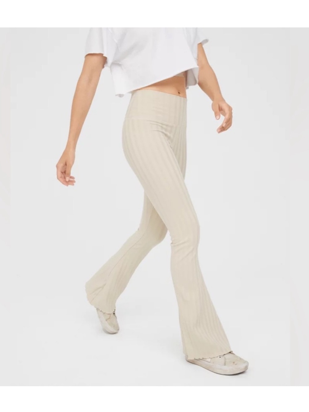 Aerie High OG Groove Waist Ribbed Wide Leg Pants - Cream